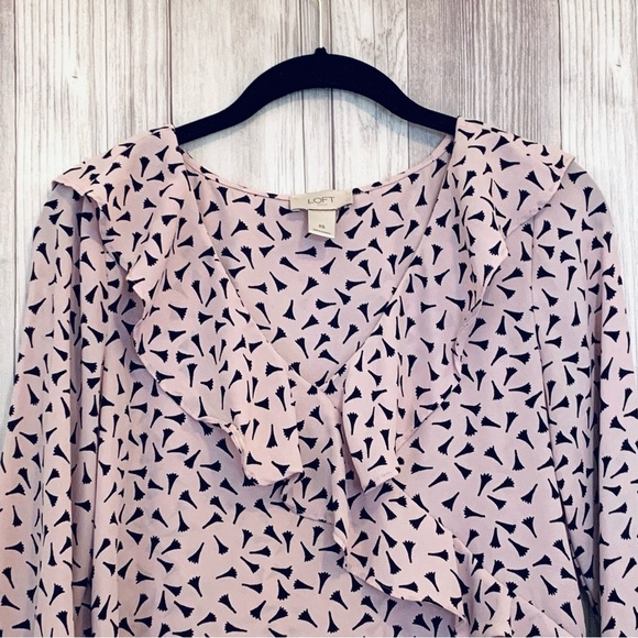 Loft Pink and Black Patterned Faux Wrap Ruffle Blouse Size XS - Picture 2 of 5